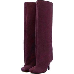 Women's Burgundy Wide Calf Square Toe Stiletto Heels Knee High Suede Boots